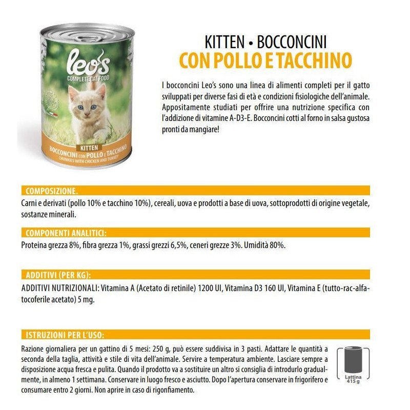 LEO'S TACCHINO STERILIZZATO LATTINE BOCCONCINI PER GATTI 415GR