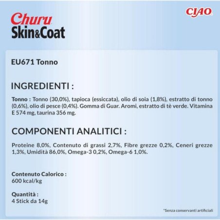 CHURU STICK SNACK GATTO SKIN&COAT TONNO 4 STICK