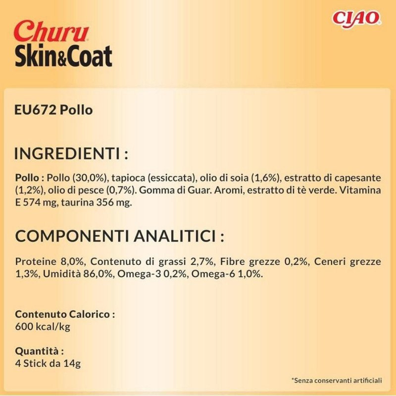 CHURU STICK SNACK GATTO SKIN&COAT POLLO 4 STICK