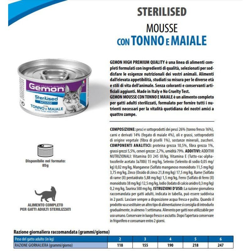 GEMON MOUSEE TONNO E MAIALE PER GATTI STERILIZZATI 85GR