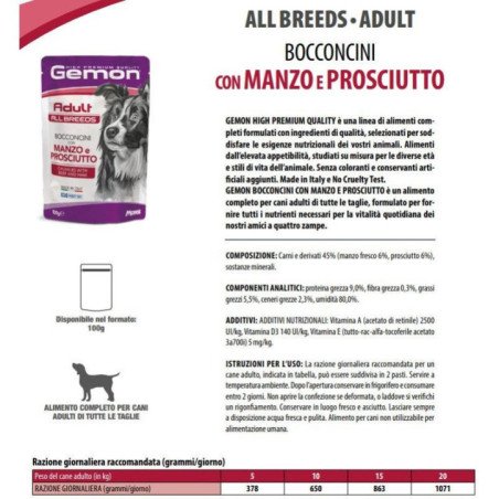 GEMON MANZO E PROSCIUTTO BOCCONCINI BUSTINE CANE 100gr