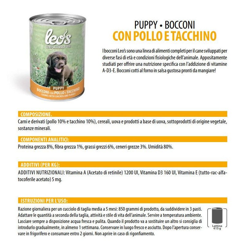 LEO'S POLLO E TACCHINO PUPPY LATTINE BOCCONI PER CUCCIOLI 415GR