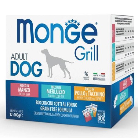 MONGE GRILL DOG MULTIBOX MANZO MERLUZZO POLLO 12X100GR